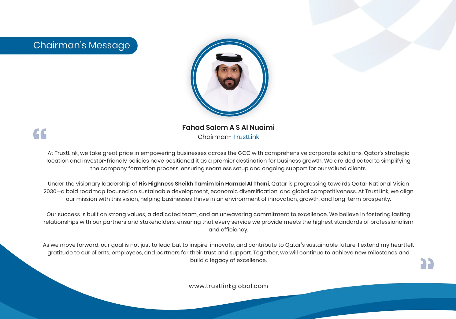 TrustLink KSA Chairman's Message - Fahad Salem A S Al Naimi's Vision for Business Excellence